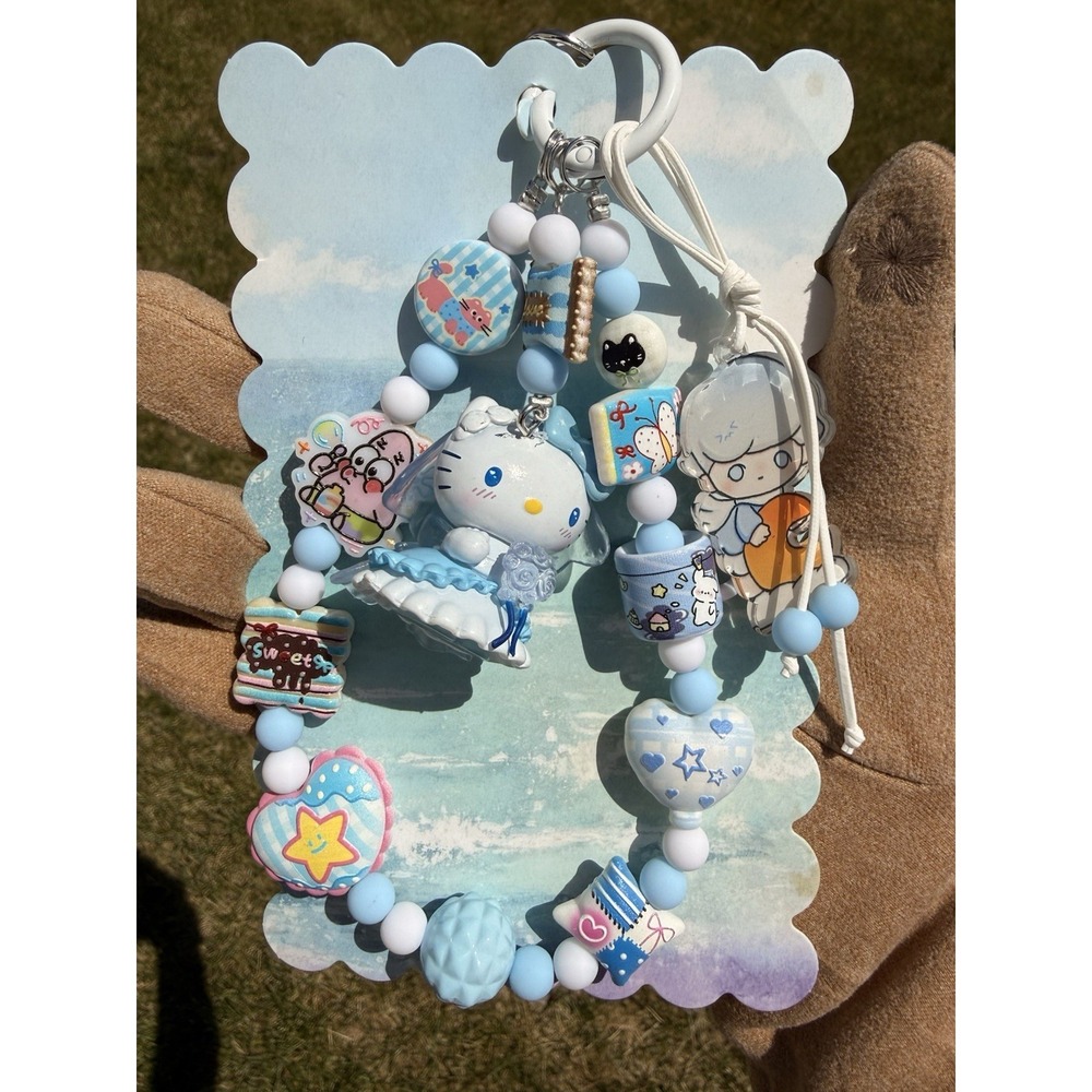 Handmade Cute Wedding Cat Purse Charm Pastel Beaded 3 layered Keychain